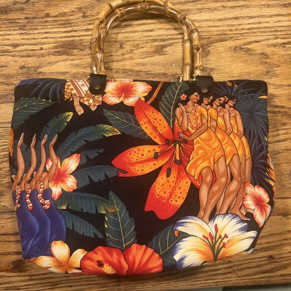 Accessories Unlimited Tropical Floral / Dancing Women Tote - Bamboo Handles COOL - Picture 1 of 16